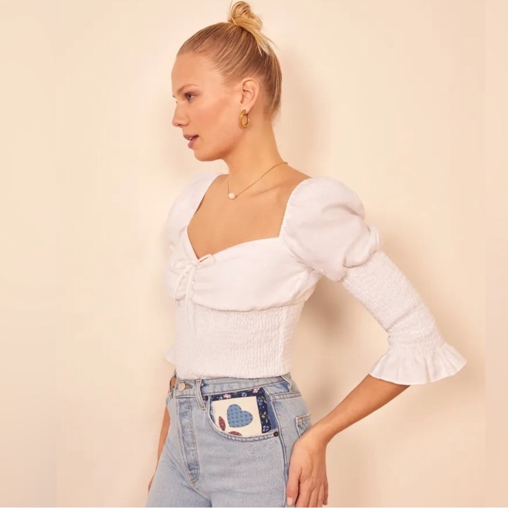 Reformation Haven Linen Smocked 3/4 Sleeve Top, White, Sz Small - Picture 2 of 6